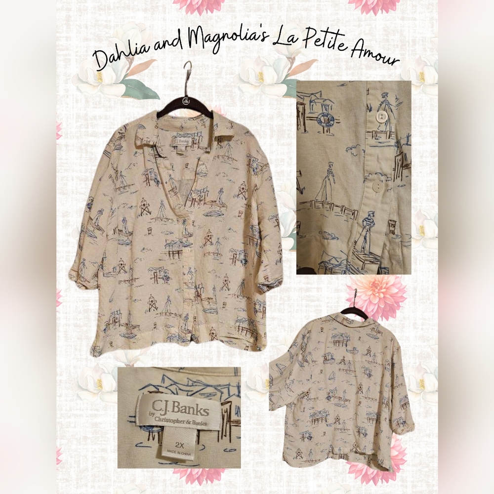 Christopher Banks Linen printed button-down short sleeve shirt Size 2X
